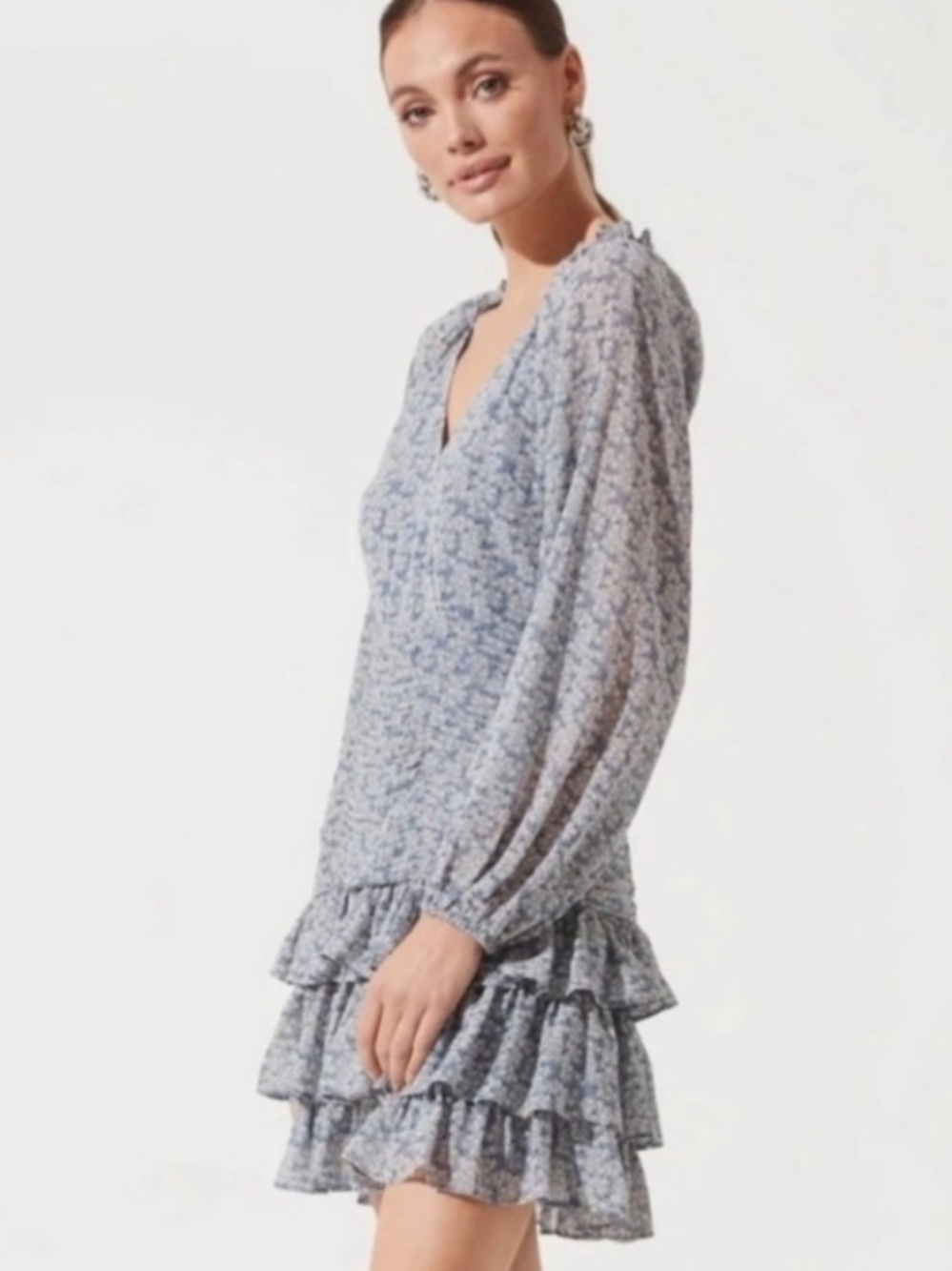 Astr Blue Floral Mini Dress with Tiered Ruffle Hem